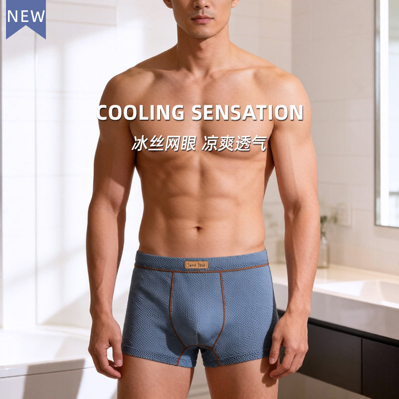 Solid color mesh ice silk men's underwear summer boxer bottom pants boys refreshing breathable mid-waist four-corner pants